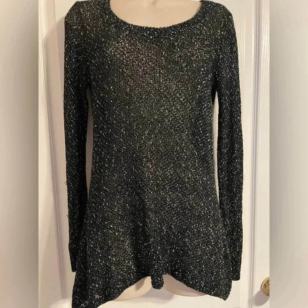 Eileen Fisher Black White Italian‎ Yarn Open Knit Flared Tunic Sweater Small